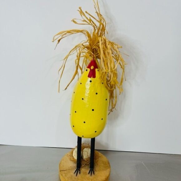 SIGNED 15" TALL Edith John, folk art chicken hen WITH NEST Wood & Straw 15" from - Picture 4 of 6
